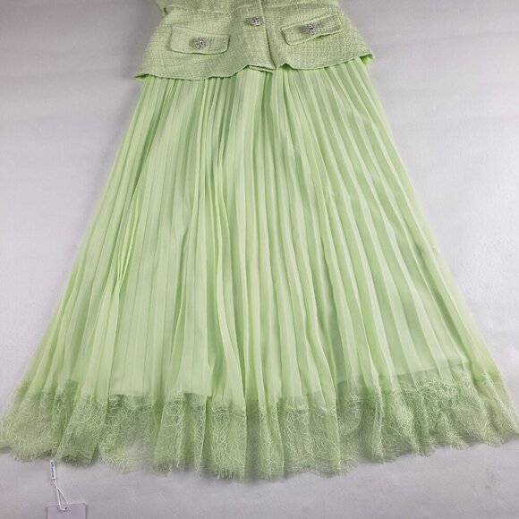 Self Portrait Boucle Chiffon Pleated Midi Dress Womens 6 Lime Tweed Belted NEW - Picture 12 of 16
